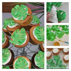 the cupcakes are decorated with green leaves