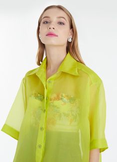 "SGinstar neon green nature thai silk organza t-shirt -Made to order for every sizes -For the perfect t-shirts and fast ship please give me your size ( bust, waist and hips) -Please check my sizes chart before ordering -T-shirts made with natural thai silk organza -Color: more than 18 colors -Dry clean only SGinstar Size Guide UK4/US0/EU32/AU4 Bust 31\"(78cm.) Waist24\"(60cm.) Hips33\"(83.5cm.) UK6/US2/EU34/AU6 Bust32\"(80.5cm.) Waist25\"(63cm.) Hips34\"(86cm.) UK8/US4/EU36/AU8 Bust33\"(83cm.) W Green Organza Summer Dress, Green Short Sleeve Summer Blouse, Green Sheer Tops For Spring, Green Sheer Top For Spring, Sheer Green Tops For Spring, Sheer Green Top For Spring, Green Short Sleeve Blouse For Beach, Summer Party Blouse With Short Sleeves, Silk Beach Blouse For Spring