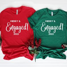 Merry and Engaged | 2022 Christmas Couples Shirts | Merry and Married | Mr and Mrs Claus Shirts | Funny Couples Xmas shirts | Just merryd CHRISTMAS DEADLINE: To ensure your order arrives for Christmas, please order by December 10th! Despite the order processing times, most orders ship within one business day. However, there are times where they may take longer. This can be due to instances such as restocking inventory or higher order demand. If you need an order by a certain date, please message me before ordering. I will make every attempt to have it shipped to you at that time. It is a high quality Bella Canvas shirt, handpressed at a high temperature. Thank you for stopping by my store :) Xmas Couple, Matching Family T Shirts, Christmas Couples, Mother Daughter Trip, Baker Shirts, Couples Shirts, Matching Family Christmas Pajamas, Blue Shirts, Funny Christmas Sweaters