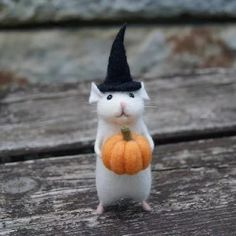 a small white mouse with a black hat holding a pumpkin