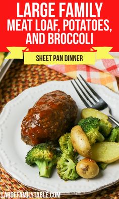 a white plate topped with meat, potatoes and broccoli next to a fork