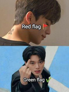 two different images with the same person pointing at each other's ear and one has red flag on it