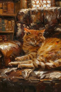 a painting of a cat laying on a chair in front of a bookshelf