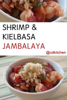 shrimp and kielbasa jambalya in a white bowl with text overlay