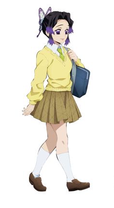 an anime character with purple hair and a yellow shirt is carrying a blue bag in her hand