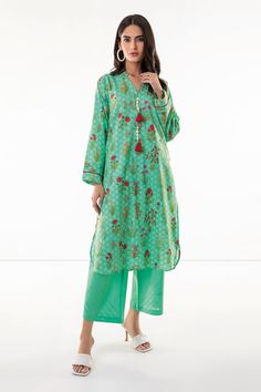 Khaadi J L JLA22302 Turquoise Cambric Lawn 2022 Green Printed Lawn Suit For Spring, Green Long Sleeve Lawn Suit For Summer, Green Lawn Suit With Printed Motifs For Summer, Green Floral Print Lawn Suit For Summer, Green Floral Print Long Sleeve Kurta, Green Summer Sets With Printed Motifs, Summer Green Kurta With Digital Print, Green Printed Summer Kurta, Casual Green Kurta For Spring