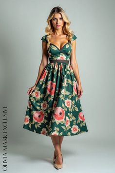 Olivia Mark - Elegant Emerald Green Midi Dress with Lush Pink and Cream Floral Print Holiday Green Floral Print Dress, Green Floral Print Holiday Dress, Emerald Green Midi Dress, Waist Drawing, Romantic Silhouette, Lush Forest, Pink Blossom, Green Midi Dress, Cream Dress