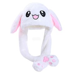 a white bunny hat with pink ears and paws