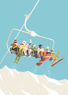 a group of people riding on top of a ski lift