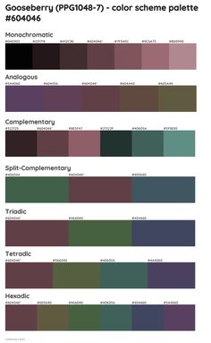 the color scheme for different shades of purple, green and black with text that reads gosseberry pf16 - 17