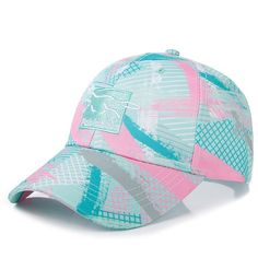 a pink and blue baseball cap with an abstract design on the front, side view