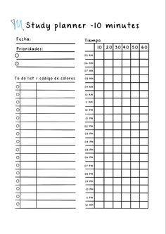 a printable study planner for students to practice their numbers and counting time on the table