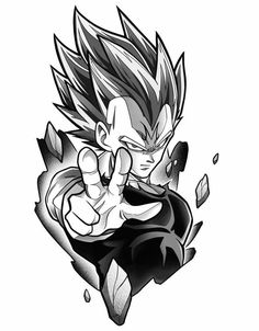 a black and white drawing of gohan pointing to the side with his finger up