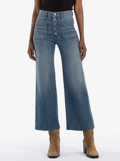 MEG HIGH RISE WIDE LEG EXPO BTN RAW HEM PATCH PKTS - Allure Boutique WY Children Bottoms, Vintage Vibe, Maxi Dresses Casual, Wide Leg Denim, White Denim, Wide Leg Jeans, Bottoms Pants, Black Denim, Leg Jeans