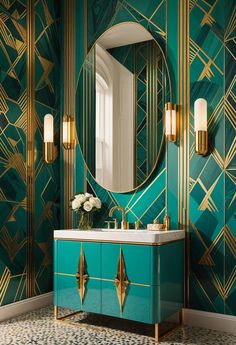 a bathroom with green walls and gold accents