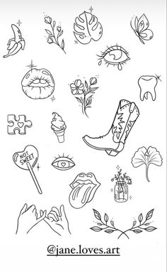 an image of some tattoos on a white background with the words jane loves art written below it