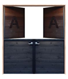 an open wooden door with the letter a on it's front and side panels