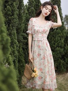 Get tea party ready this summer in this lightweight chiffon printed midi dress with a square neckline, braided details, short puff sleeves, flecks of gold and concealed back zipper. Lined. S: 33" chest, 27" waist, 44" lengthM: 34.5" chest, 28.5" waist, 44" lengthL: 36" chest, 30" waist, 44" length Chiffon Short Sleeve Dress For Garden Party, Beige Short Sleeve Chiffon Dress, Summer Beige Midi Dress With Square Neck, Beige Square Neck Midi Dress For Summer, Chiffon Midi Dress For Garden Party With Short Sleeves, Spring Chiffon Midi Dress With Puff Sleeves, Spring Chiffon Midi Dress With Square Neck, Spring Square Neck Chiffon Midi Dress, Chiffon Midi Dress With Square Neck