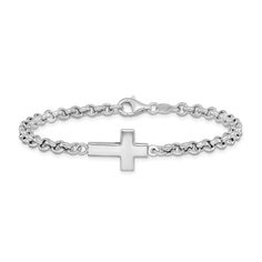 A simple yet inspired look, this cross bracelet reflects your personal faith in an everyday style. Hollow sterling silver The polished cross is set sideways at the center 7.5-inch rolo chain bracelet; lobster claw clasp Womens Sterling Silver Bracelets, Chain Charm Bracelet, Beautiful Cross, Cross Bracelet, Fine Jewelry Bracelets, Sterling Silver Cross, Cross Charms, Religious Jewelry, Bracelet Collection