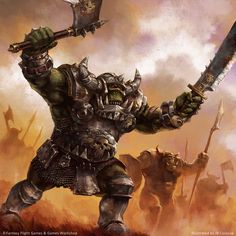 an image of a warhammer with two swords in his hand and other men behind him