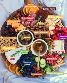 a wooden platter filled with different types of food