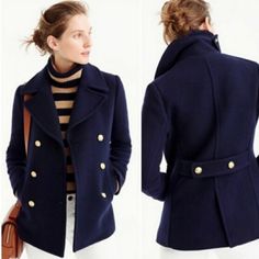 J. Crew Peacoat Size 2 Navy With Gold Metal Buttons Excellent Condition Peacoat Womens, Pea Coats Women, Navy Blue Long Sleeve, Wool Peacoat, Jcrew Women, Pea Coat, Winter Coats Women, Blue Wool, Business Casual Outfits