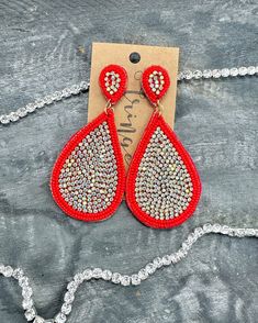 "Light weight made with seed beads and AB rhinestones! Length- Approx. 3.5\" Back- Post back Felt back Nickel and lead compliant FINAL SALE- please check dimensions and details before purchasing, just to ensure these will work for you!" The Fine Print, Fine Print, Loose Stones, Earrings Red, Red Earrings, Seed Bead Earrings, Bead Earrings, Rhinestone Earrings, Work For You