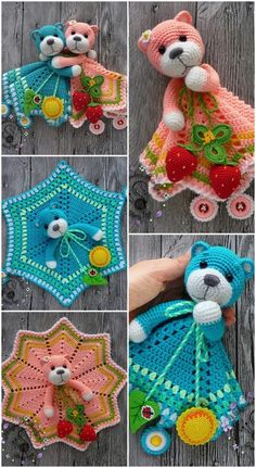 crocheted unicorns are featured in this collage