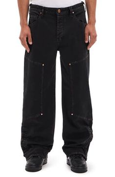 Inspired by classic workwear, these pants made of cotton stretch twill feature reinforced leg panels and a wide-leg fit that lets you tackle any job in comfort. 32" inseam; 20" leg opening; 12 1/2" front rise; 16" back rise (size 32) Zip fly with button closure Five-pocket style; hammer loop Button-tab cuffs 98% cotton, 2% elastane Machine wash, tumble dry Made in the USA of imported fabric Workwear Cargo Jeans With Contrast Stitching, Black Wide-leg Cargo Jeans, Contrast Stitching Cotton Cargo Jeans For Work, Cotton Cargo Pants With Contrast Stitching For Work, Cargo Pants With Five Pockets For Workwear, Standard Cut Cargo Pants With Five Pockets For Workwear, Classic Workwear, Cotton Cargo Pants, Fly Logo