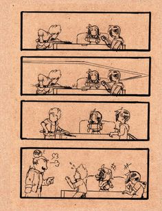 an old comic strip with people sitting at a table