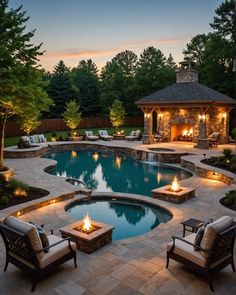 a backyard with a pool and fire pit