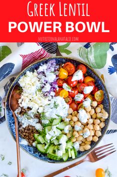 greek power bowl with chickpeas, tomatoes, cucumbers and feta cheese