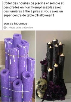 purple candles are stacked on top of each other and decorated with skulls, flowers, and ribbons