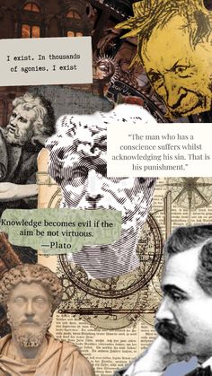 the collage has many different pictures and words on it, including an image of a man