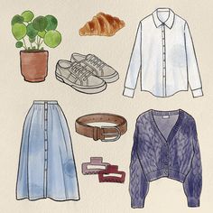 an illustration of clothes and shoes for women, including a sweater, cardigan, skirt, belt, sneakers, potted plant and croissant