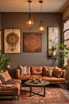 a living room filled with lots of furniture and paintings on the wall above it's coffee table