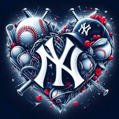 the new york yankees heart is filled with baseballs, bats and hearts on a black background