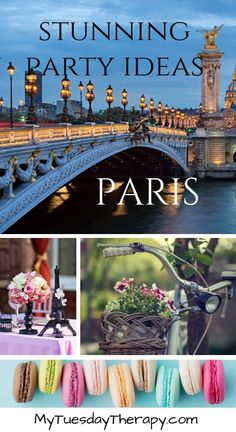 a collage of photos with the words, stunning party ideas paris