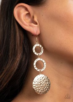 A pair of hammered gold rings gives way to an oversized hammered gold disc, creating a shimmery stacked lure. Earring attaches to a standard fishhook fitting.   Sold as one pair of earrings. Paparazzi Jewelry Images, Hammered Gold Ring, Pink Jewels, Hammered Silver Ring, Nickel Free Jewelry, Gold Disc, Fish Hook Earrings, Hammered Gold, Paparazzi Accessories