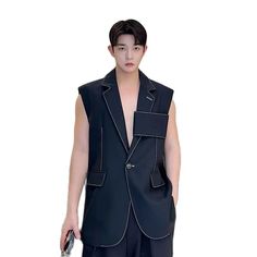 Hearujoy Personality Korean Fashion Design Long Suit Vest Mens Casual Long Suit Waistcoat Chic Style Sleeveless Jacket Gilet Homme Tailored Sleeveless Blazer With Pockets, Black Workwear Vest With Pockets, Sleeveless Tailored Blazer With Pockets, Black Sleeveless Vest With Pockets, Sleeveless Black Winter Blazer, Casual Tailored Black Vest, Tailored Black Vest For Spring, Black Sleeveless Outerwear For Summer, Sleeveless Black Outerwear For Summer