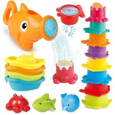 the toys are all in different colors and shapes, including an orange toy with water coming out of it