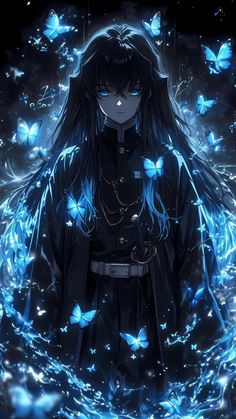 an anime character with long black hair and blue butterflies around her shoulders, standing in front of a dark background