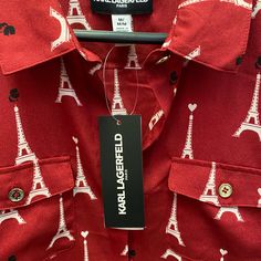 Karl Lagerfeld Paris Red Graphic Print Blouse Size Medium New With Tags Red Eiffel Tower Button Down Shirt Red Trendy Blouse With Button Closure, Trendy Red Blouse With Buttons, Red Eiffel Tower, Peter Pan Collar Top, Victorian Collar, White Summer Tops, Floral Ruffle Top, Paris Woman, Lace Print