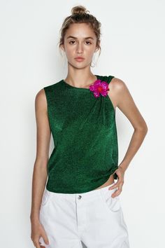 PLAIN KNIT TOP WITH METALLIC THREAD - Green | ZARA United States Elegant Stretch Knit Top For Party, Chic Knit Top For Party, Elegant Knit Top For Summer Nights Out, Elegant Summer Knit Top For Night Out, Glamorous Green Summer Tops, Spring Party Stretch Knit Top, Stretch Sleeveless Knit Top For Party, Chic Halter Neck Knit Top For Spring, Trendy Spring Party Knit Top