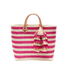 Summery stripes and festive tassels adorn our Sahara tote, which features leather carry handles and a sturdy structured silhouette.  Both stylish and practical, it's a great piece for the beach and beyond. 100% handwoven sisal and seagrass Unlined Inside pocket Raffia tassels Leather handles 16"W x 7.5"D x 11"H; 4.5" s Pink Sunflowers, Linen Bag, Crochet Bags, Traditional Crafts, 5 S, Leather Handles, Handmade Bags, Leather Handle, Womens Tote Bags