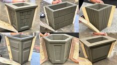 four pictures showing how to make a planter out of concrete blocks and plywood