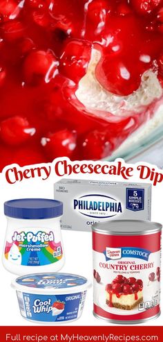 cherry cheesecake dip recipe with yogurt and cherries in the background text overlay reads cherry cheesecake dip