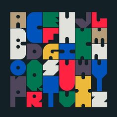 the letters and numbers are made up of different colors, shapes, and sizes on a black background