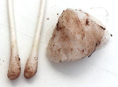 two white sticks with brown spots on them next to a piece of food that has been dug into the ground