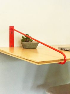 a small potted plant sitting on top of a wooden shelf next to a laptop computer